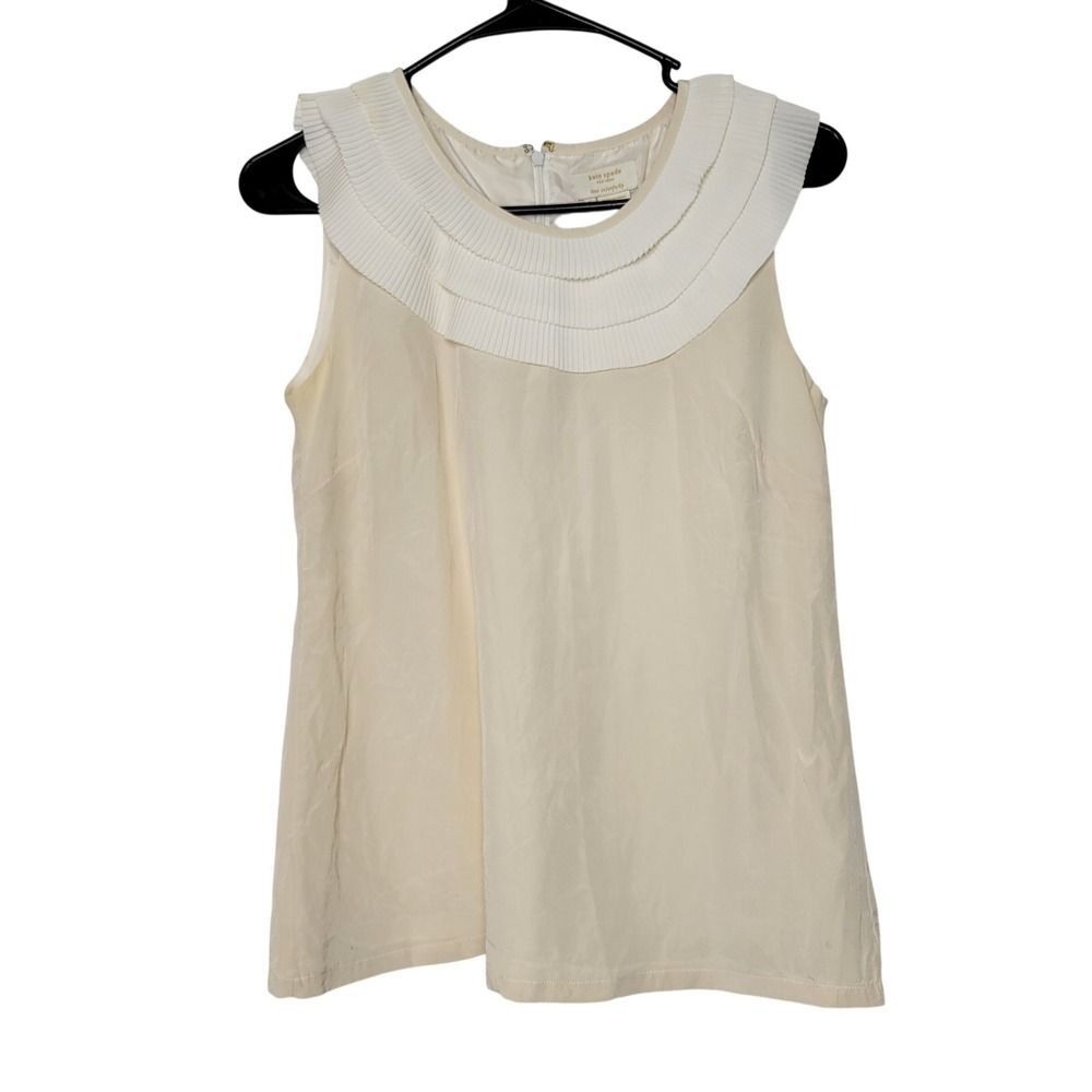 Kate Spade New York Silk Sleeveless Top Cream Pleated Collar Blouse Small